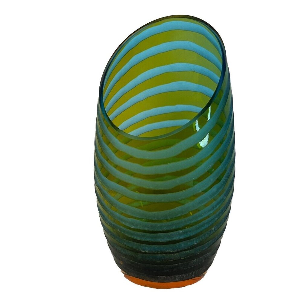 $55 Vintage Cyan Design Angle Cut Etched Art Deco Glass Tall Vase Green Blue - Picture 2 of 7